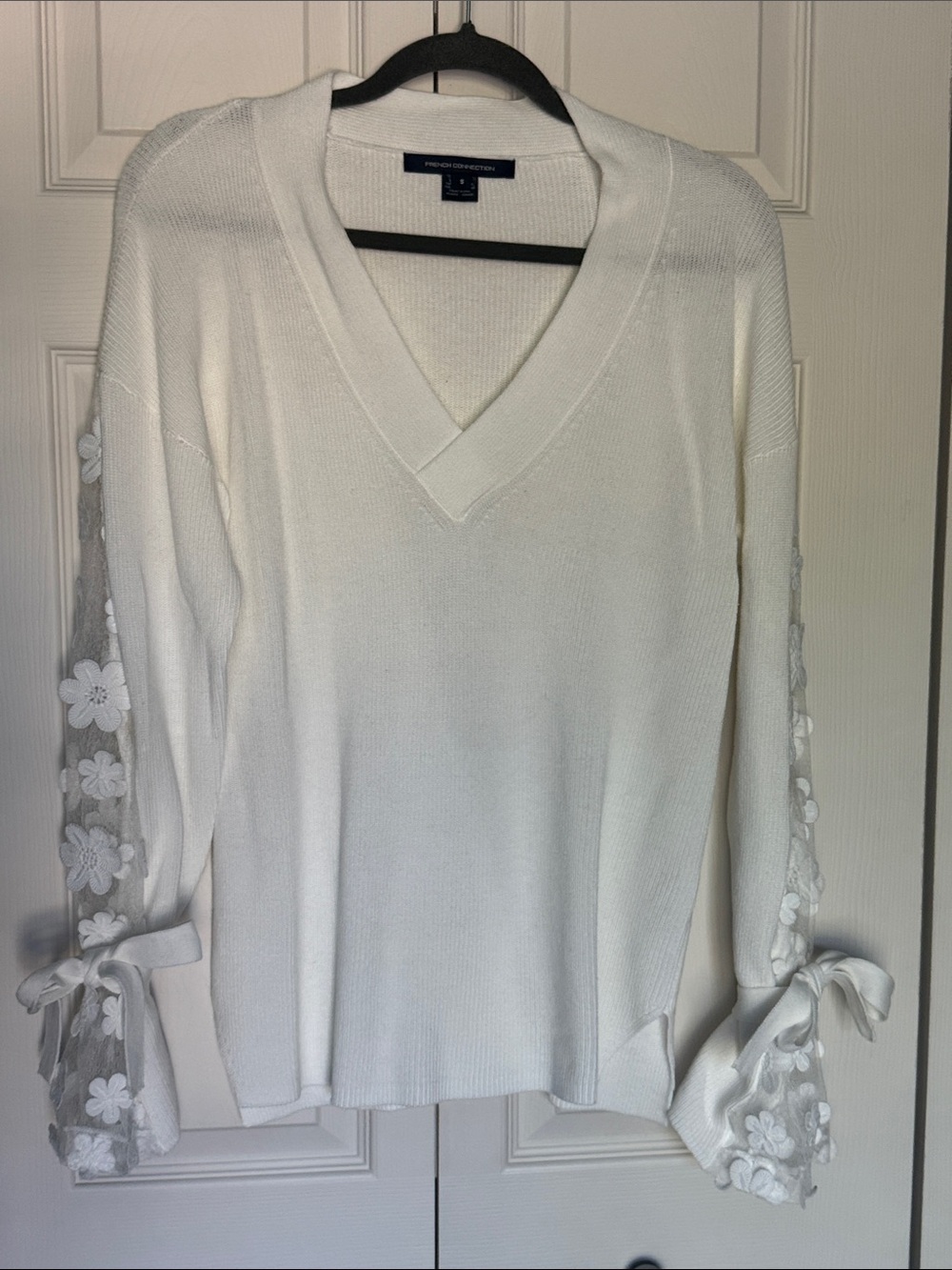 NWOT French Connection White Knit Top with Lace Panel Detail